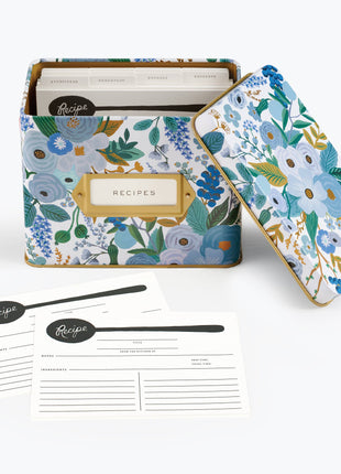 Garden Party Blue Tin Recipe Box
