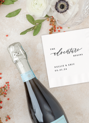 Adventure Begins Cocktail Napkin - Personalized Custom Cocktail Napkin