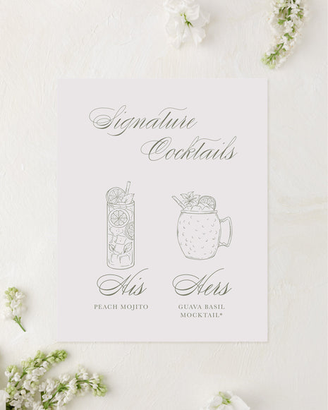 Signature cocktails list with illustrations of drinks on a white background with floral decorations.