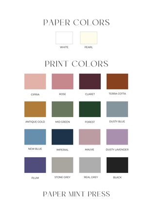 Color swatches for paper and print colors with 'Paper Mint Press' branding.
