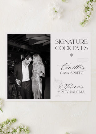Wedding-themed signature cocktails list with a black and white photo of a couple on a white background.