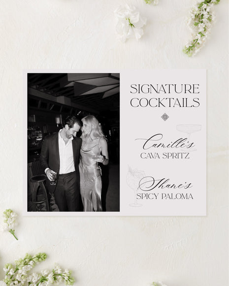 Wedding-themed signature cocktails list with a black and white photo of a couple on a white background.