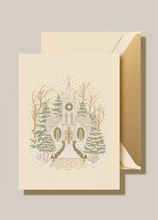 White Christmas Church Folded Greeting Card Set - Crane Boxed Holiday