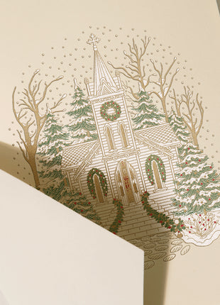 White Christmas Church Folded Greeting Card Set - Crane Boxed Holiday