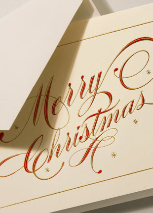 Ribbon Flourish Merry Christmas Folded Greeting Card Set - Crane Boxed Holiday